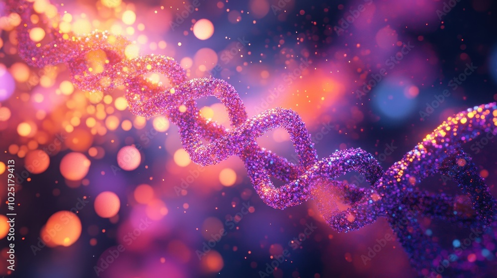 Abstract background with DNA and glowing particles. 3D rendering of a double helix for a DSLR camera, with a bokeh effect Abstract background with DNA and glowing particles. 3D rendering of a double helix for a DSLR camera, with a bokeh effect