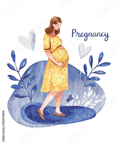 A Vector Watercolor Illustration Of Happy Pregnant Woman With Plants And Hearts On Transparent Background