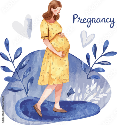 A Vector Watercolor Illustration Of Happy Pregnant Woman With Plants And Hearts On Transparent Background