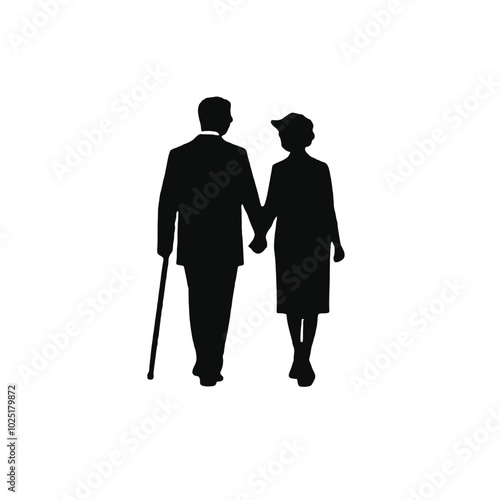 An elderly couple, a man and a woman, holding hands and walking together. The man is using a cane