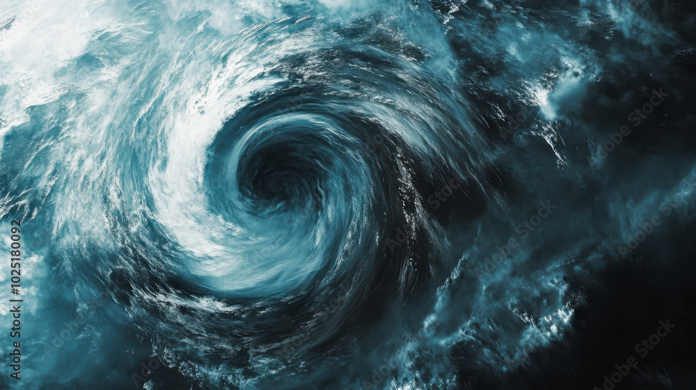 A swirling vortex of clouds captured from above, highlighting the chaotic beauty of a storm system forming over open water A swirling vortex of clouds captured from above, highlighting the chaotic beauty of a storm system forming over open water