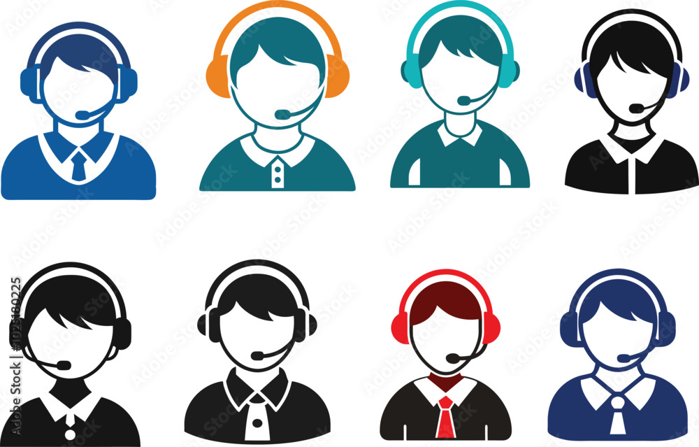 Set of Call Center Representative Boy Icon Silhouette Vector Set of Call Center Representative Boy Icon Silhouette Vector