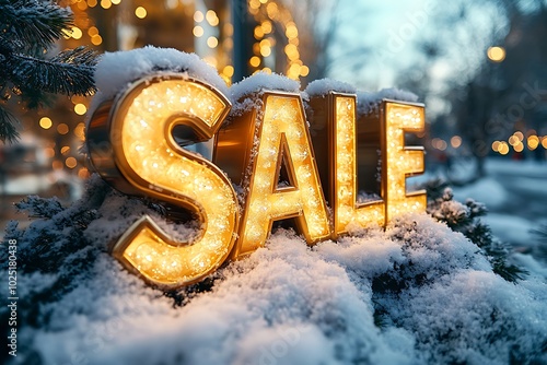 Golden illuminated sale sign covered in snow winter shopping. Ideal for Black Friday.