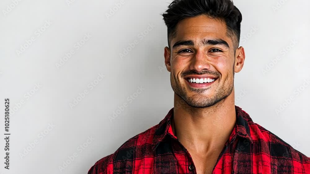 Smiling Hispanic man in a red plaid shirt against a white background, embodying confidence and casual style Smiling Hispanic man in a red plaid shirt against a white background, embodying confidence and casual style
