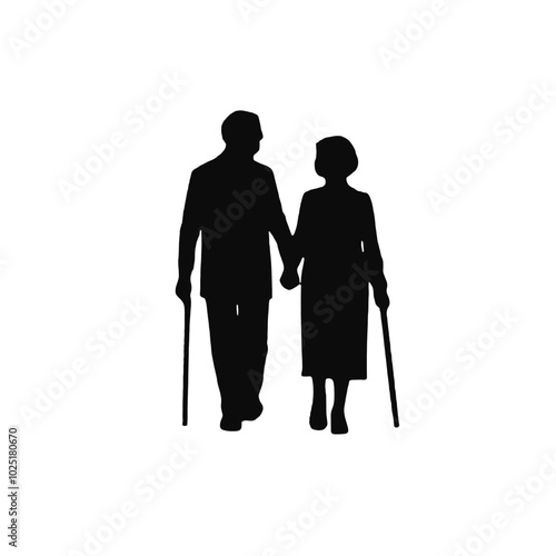 An elderly couple, a man and a woman, holding hands and walking together. The man is using a cane