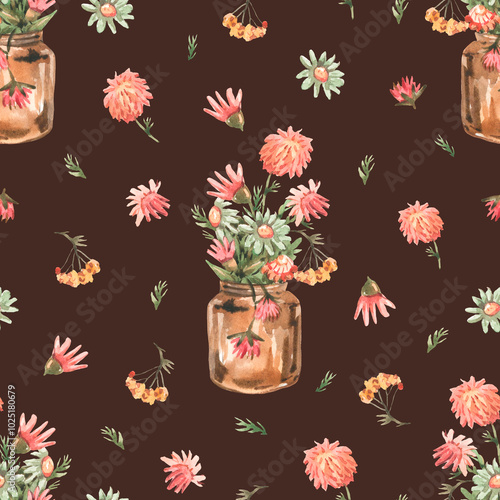 Watercolor Cottagecore Autumn Seamless Pattern Vintage Flowers