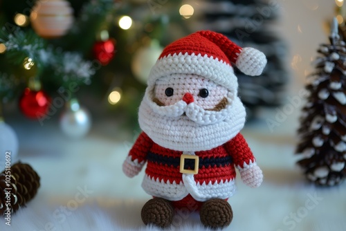 cute crochet Santa Clause character with Christmas tree in the background