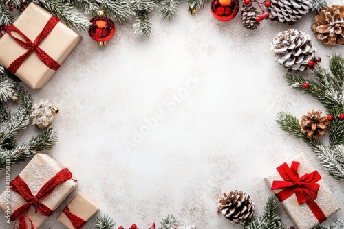 Christmas frame background with decoration, gift boxes and pine branches on white table top view
