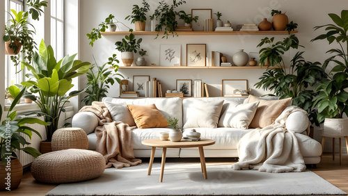 An inviting interior space that combines soft neutral tones and natural light  enhancing the comfort of plush cushions and decorative items. Smart shelving solutions and a neat coffee table
