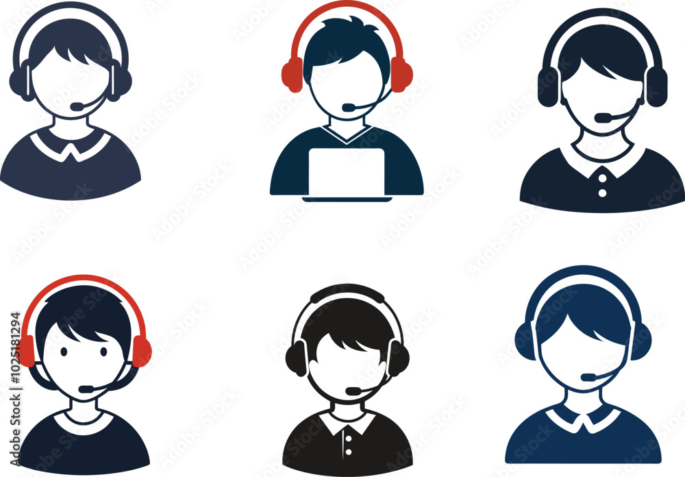 Set of Call Center Representative Boy Icon Silhouette Vector Set of Call Center Representative Boy Icon Silhouette Vector