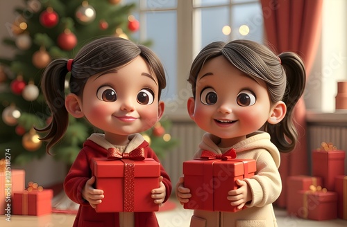 Children with Christmas presents. Christmas tree in the background. Cartoon style.