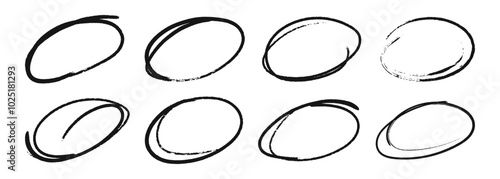 Hand-drawn doodle oval elements in black charcoal. Scribble circle round frames