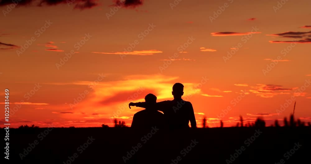 Silhouette of father and adult son together on a sunset background. Slow motion video, sunset 21 July 2024 year. Silhouette of father and adult son together on a sunset background. Slow motion video, sunset 21 July 2024 year.