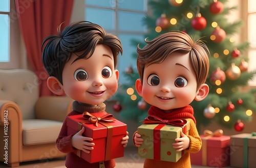 Children with Christmas presents. Christmas tree in the background. Cartoon style.