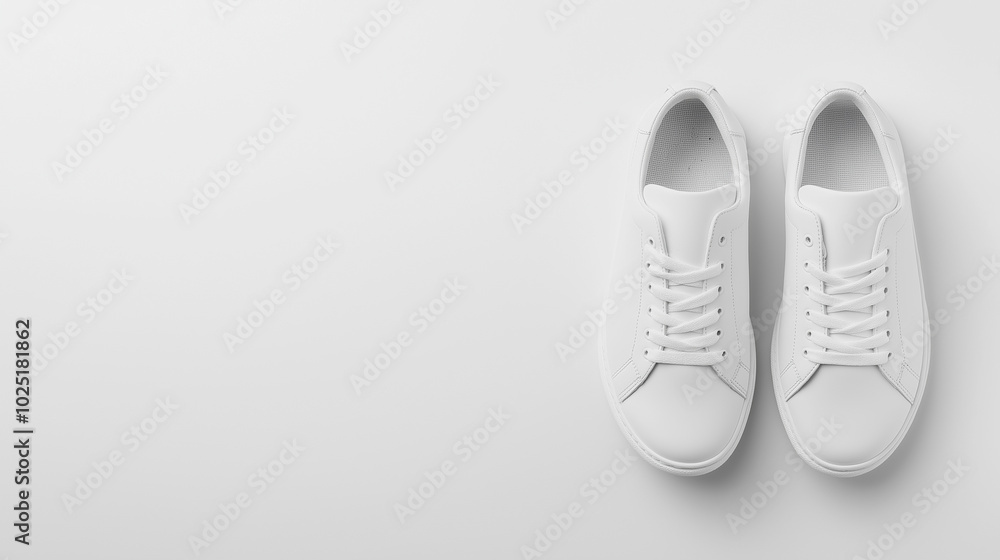 Minimalist top view of a pair of classic white sneakers on a white background, showcasing clean design and simplicity. Minimalist top view of a pair of classic white sneakers on a white background, showcasing clean design and simplicity.
