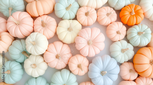 A pastel-colored assortment of mini pumpkins arranged in a neat pattern, creating a soft, decorative autumnal theme.