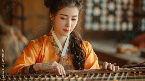 Korean woman in orange hanbok playing gayageum indoors, cultural heritage scene set in a traditional Korean house. Beautiful details of Korean folk music, traditional architecture.

 photo