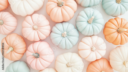 A pastel-colored assortment of mini pumpkins arranged in a neat pattern, creating a soft, decorative autumnal theme.