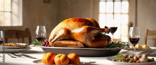 turkey on a table with a glass of wine photo