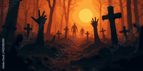 Halloween background with zombie hand and skeleton hand, cemetery for holiday poster. Creepy and mystical background with cross, grave, tombstone and dead man for dark fear October design
