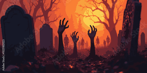 Halloween background with zombie hand and skeleton hand, cemetery for holiday poster. Creepy and mystical background with cross, grave, tombstone and dead man for dark fear October design