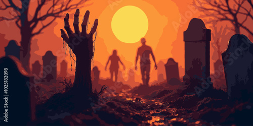 Halloween background with zombie hand and skeleton hand, cemetery for holiday poster. Creepy and mystical background with cross, grave, tombstone and dead man for dark fear October design