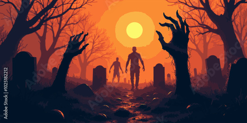 Halloween background with zombie hand and skeleton hand, cemetery for holiday poster. Creepy and mystical background with cross, grave, tombstone and dead man for dark fear October design