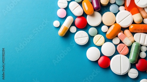 An assortment of pills and capsules on a blue background