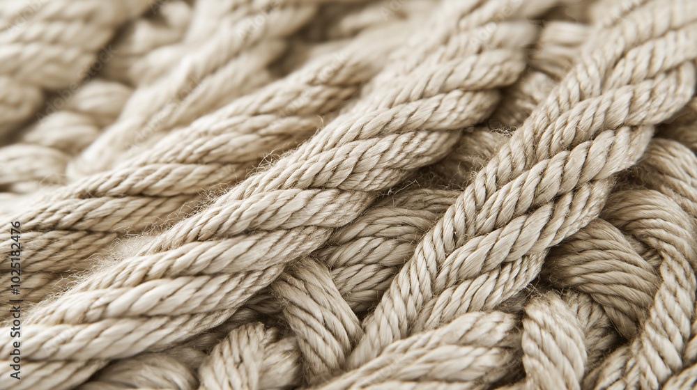 Close-up of thick, woven natural rope fibers, showcasing texture and pattern in a neutral beige tone. Close-up of thick, woven natural rope fibers, showcasing texture and pattern in a neutral beige tone.