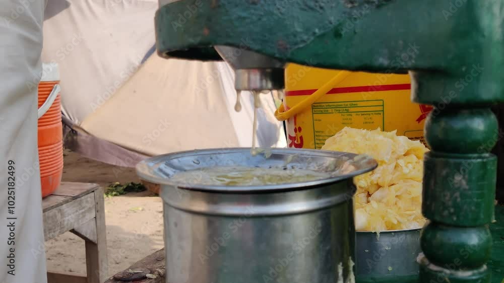 Porter Extracting Fresh Malt Juice Using Hand-Held Press Machine Porter Extracting Fresh Malt Juice Using Hand-Held Press Machine