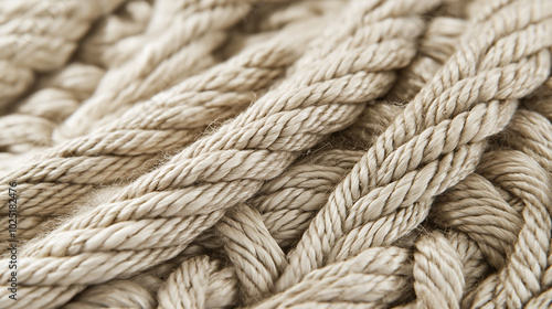 Close-up of thick, woven natural rope fibers, showcasing texture and pattern in a neutral beige tone.