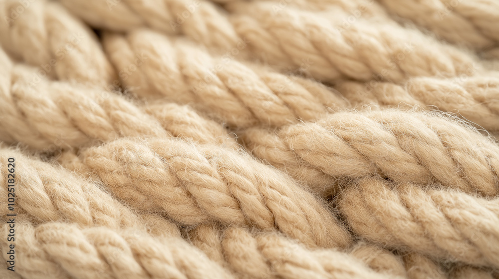 Close-up of thick, woven natural rope fibers, showcasing texture and pattern in a neutral beige tone. Close-up of thick, woven natural rope fibers, showcasing texture and pattern in a neutral beige tone.