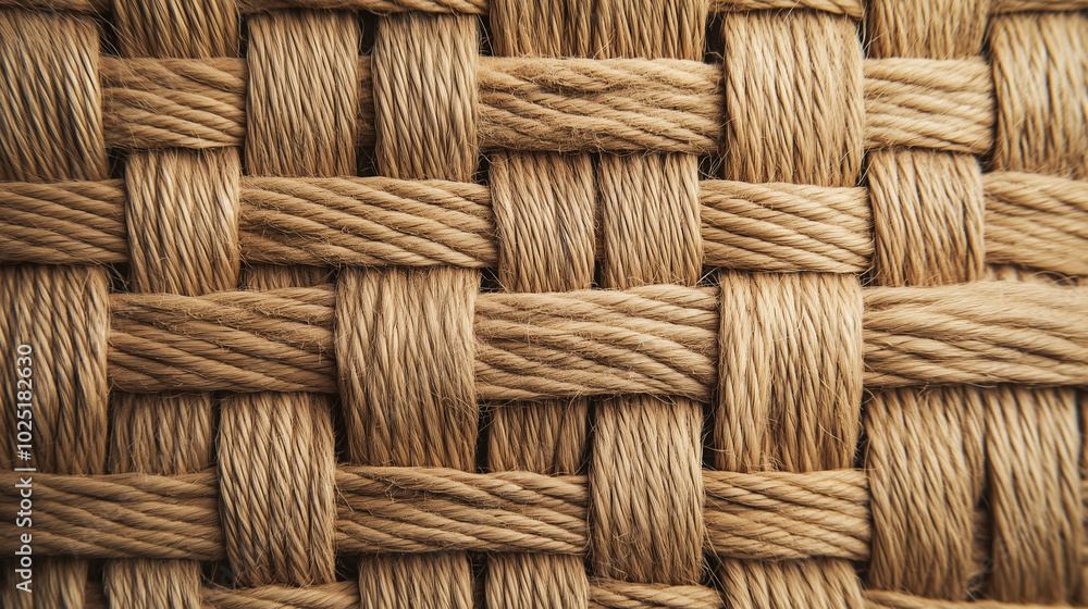 Close-up of thick, woven natural rope fibers, showcasing texture and pattern in a neutral beige tone. Close-up of thick, woven natural rope fibers, showcasing texture and pattern in a neutral beige tone.