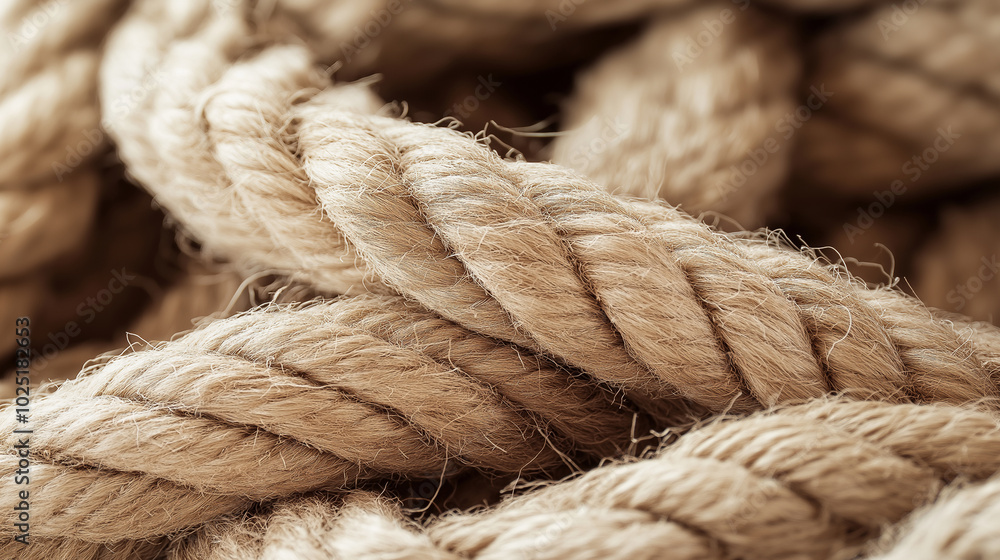Close-up of thick, woven natural rope fibers, showcasing texture and pattern in a neutral beige tone. Close-up of thick, woven natural rope fibers, showcasing texture and pattern in a neutral beige tone.