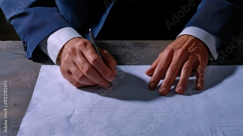 Hands of a professional writing notes on a sheet of paper in a workspace.