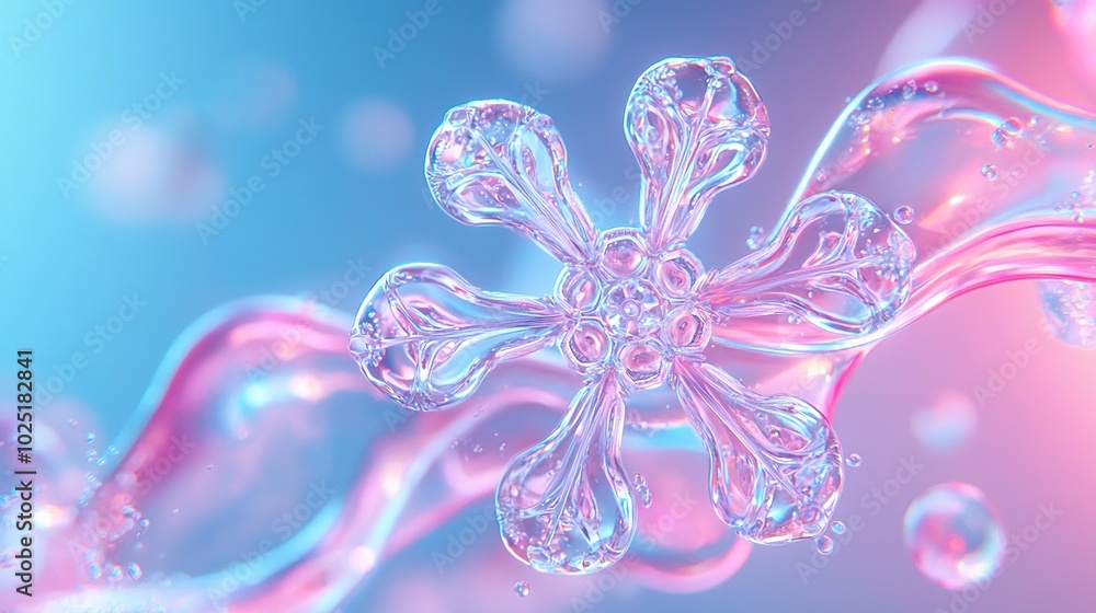 Fototapeta premium A close-up of a snowflake against a blue, pink backdrop featuring pink bubbles in the foreground