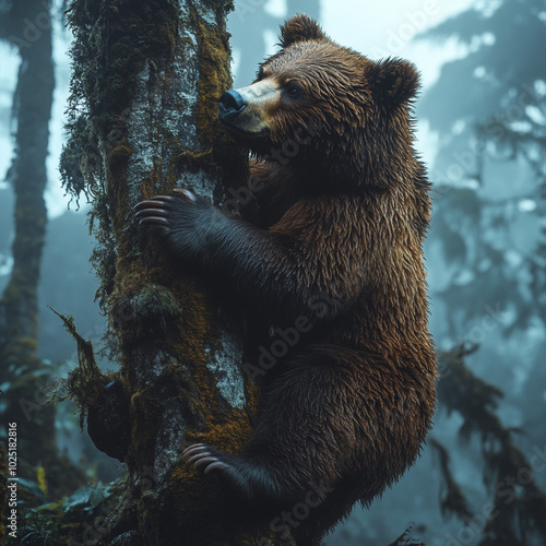 A majestic grizzly bear climbs moss covered tree in misty forest, showcasing its strength and agility. serene atmosphere adds to bears regal presence photo