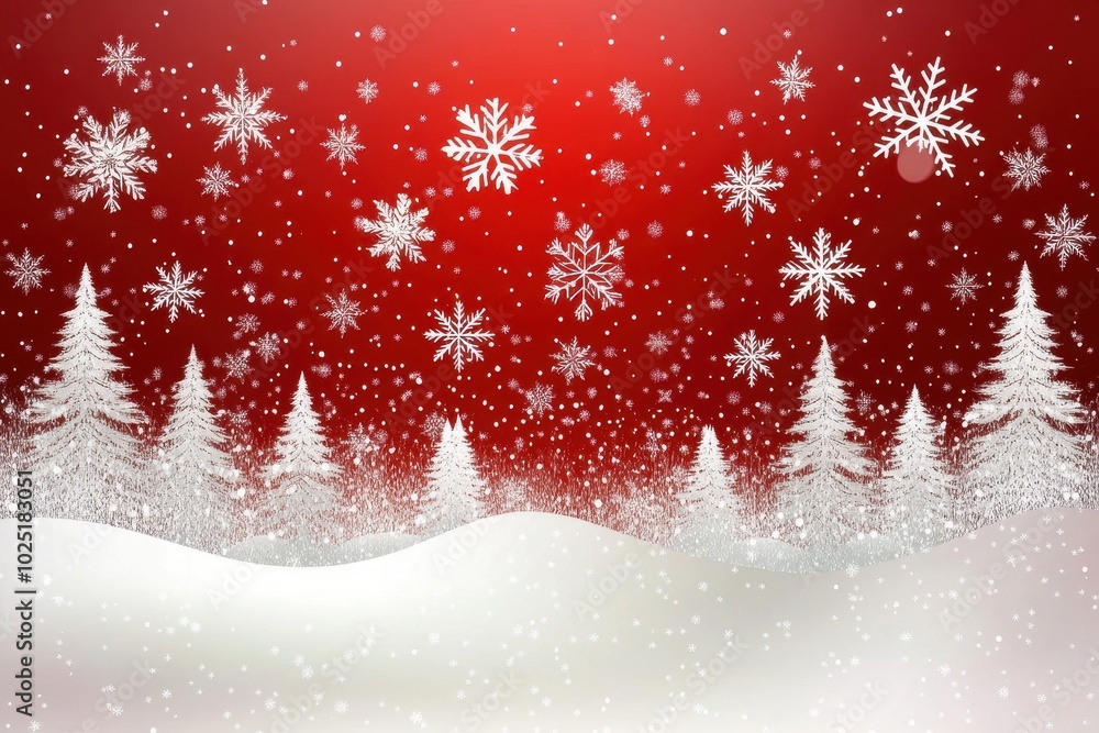 Red Christmas background with white snowflakes and silhouettes of trees. Vector illustration, white background, high resolution Red Christmas background with white snowflakes and silhouettes of trees. Vector illustration, white background, high resolution