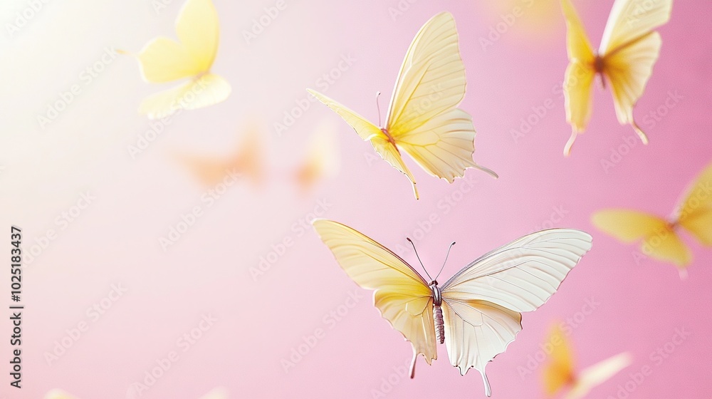 Fototapeta premium A swarm of golden and off-white butterflies soaring against a soft pink backdrop