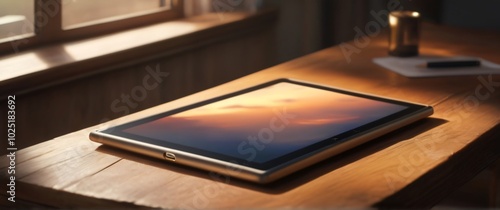 tablet on a table with a window in the background photo