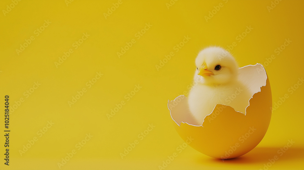 Yellow chick emerging from a cracked eggshell on a bright yellow background, symbolizing birth, new life, and spring. Yellow chick emerging from a cracked eggshell on a bright yellow background, symbolizing birth, new life, and spring.