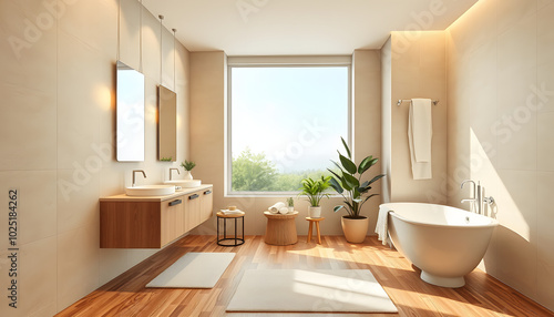 Beige bathroom interior with double sink and mirror, carpet on hardwood floor, bathtub, plants. Bathing accessories and window in hotel studio isolated with white highlights, png