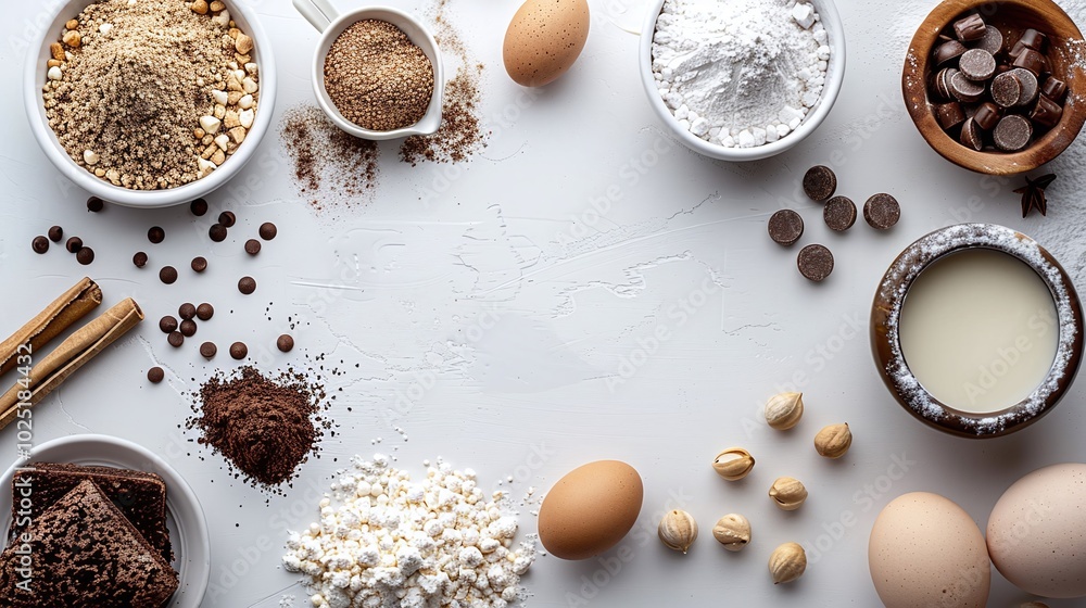 Flat lay of baking ingredients including flour, chocolate chips, eggs, and milk, arranged neatly on a light background, ideal for recipe, bakery, or cooking-themed visuals with copyspace.
Flat lay of baking ingredients including flour, chocolate chips, eggs, and milk, arranged neatly on a light background, ideal for recipe, bakery, or cooking-themed visuals with copyspace.