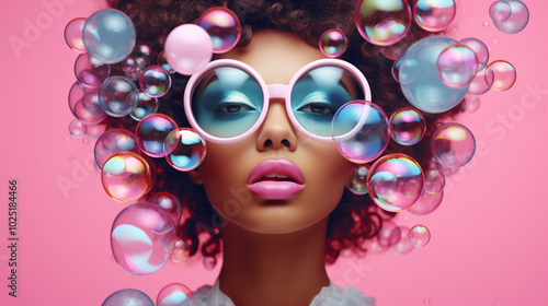 Close up portrait of a blonde model, girl with iridescent shiny soap bubbles floating and flying around. Pastel colors. Concept of lightness, beauty, skin care, joy, elegance