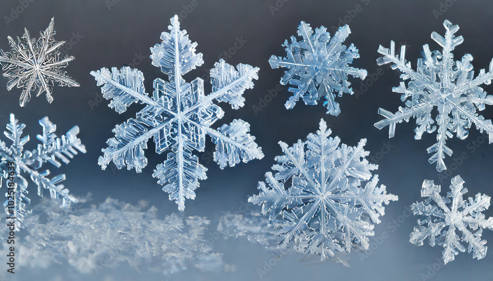 Diverse snowflakes in intricate patterns highlighting winter's beauty and uniqueness on a cold day Diverse snowflakes in intricate patterns highlighting winter's beauty and uniqueness on a cold day