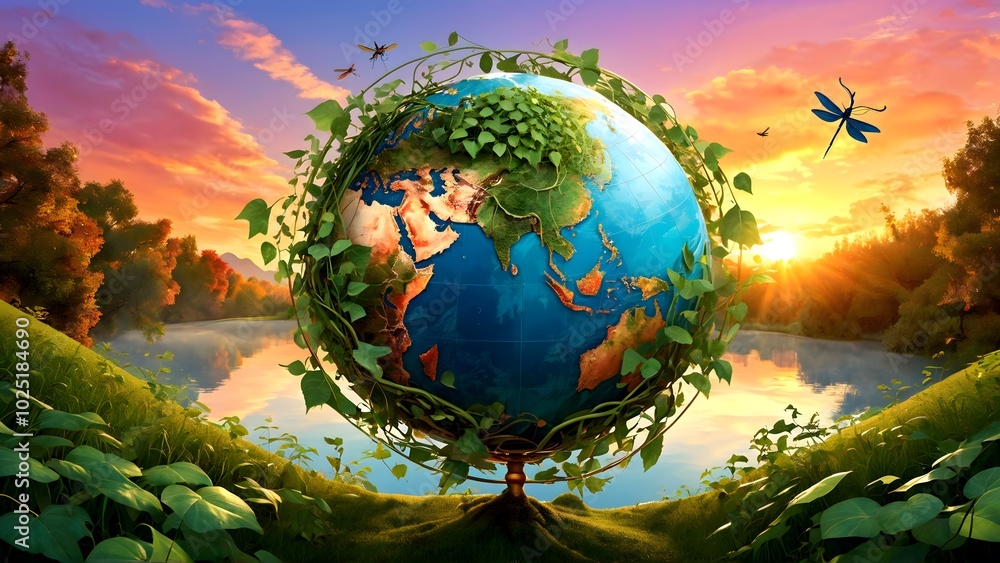 A globe surrounded by leaves and vines under a sunset, with a dragonfly hovering above, symbolizing eco-friendliness. AI-Generated A globe surrounded by leaves and vines under a sunset, with a dragonfly hovering above, symbolizing eco-friendliness. AI-Generated