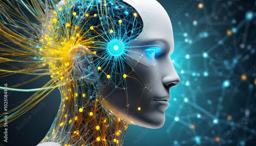 A futuristic humanoid robot displays vibrant neural connections in a digital landscape, symbolizing advanced artificial intelligence and technology A futuristic humanoid robot displays vibrant neural connections in a digital landscape, symbolizing advanced artificial intelligence and technology