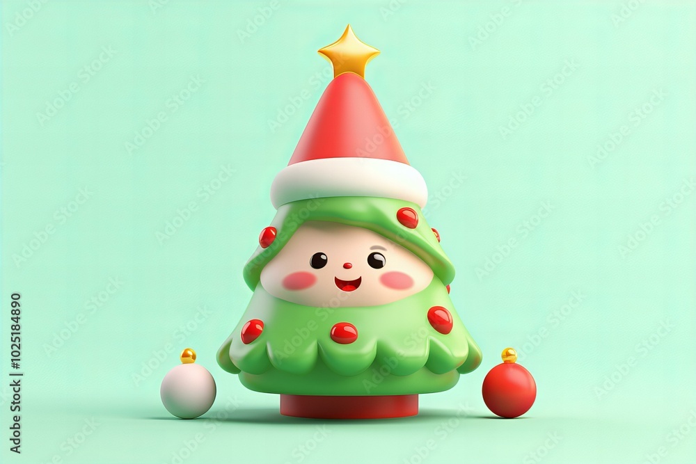 cute 3d Christmas tree with star on top, cute Christmas character cute 3d Christmas tree with star on top, cute Christmas character