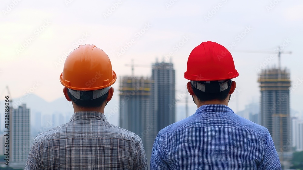 Construction workers observe high-rise building development, city skyline in background. Construction workers observe high-rise building development, city skyline in background.