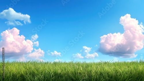 Vibrant green grass stretches across the landscape beneath a clear blue sky filled with playful fluffy clouds, creating a peaceful and inviting atmosphere on a sunny day